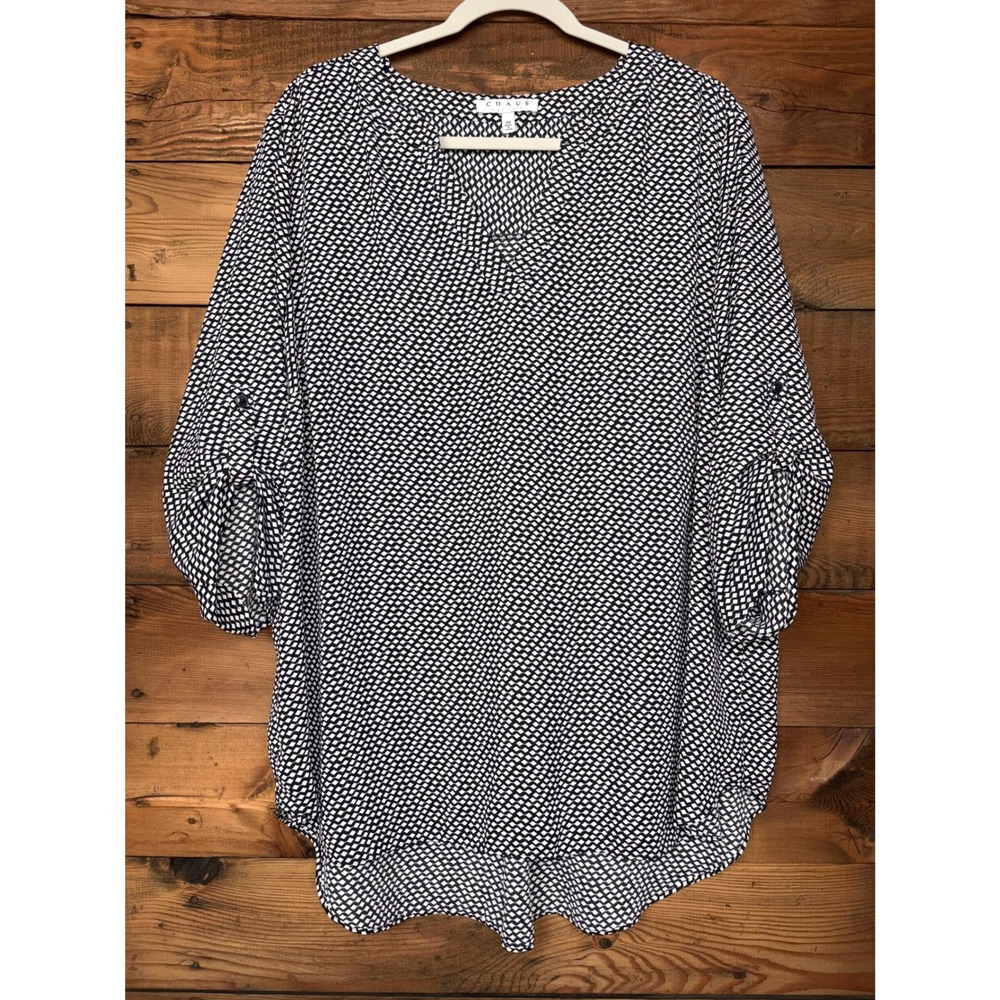Chaus Blouse Womens 2X Geometric Print Roll Tab Sleeve High Low Hem